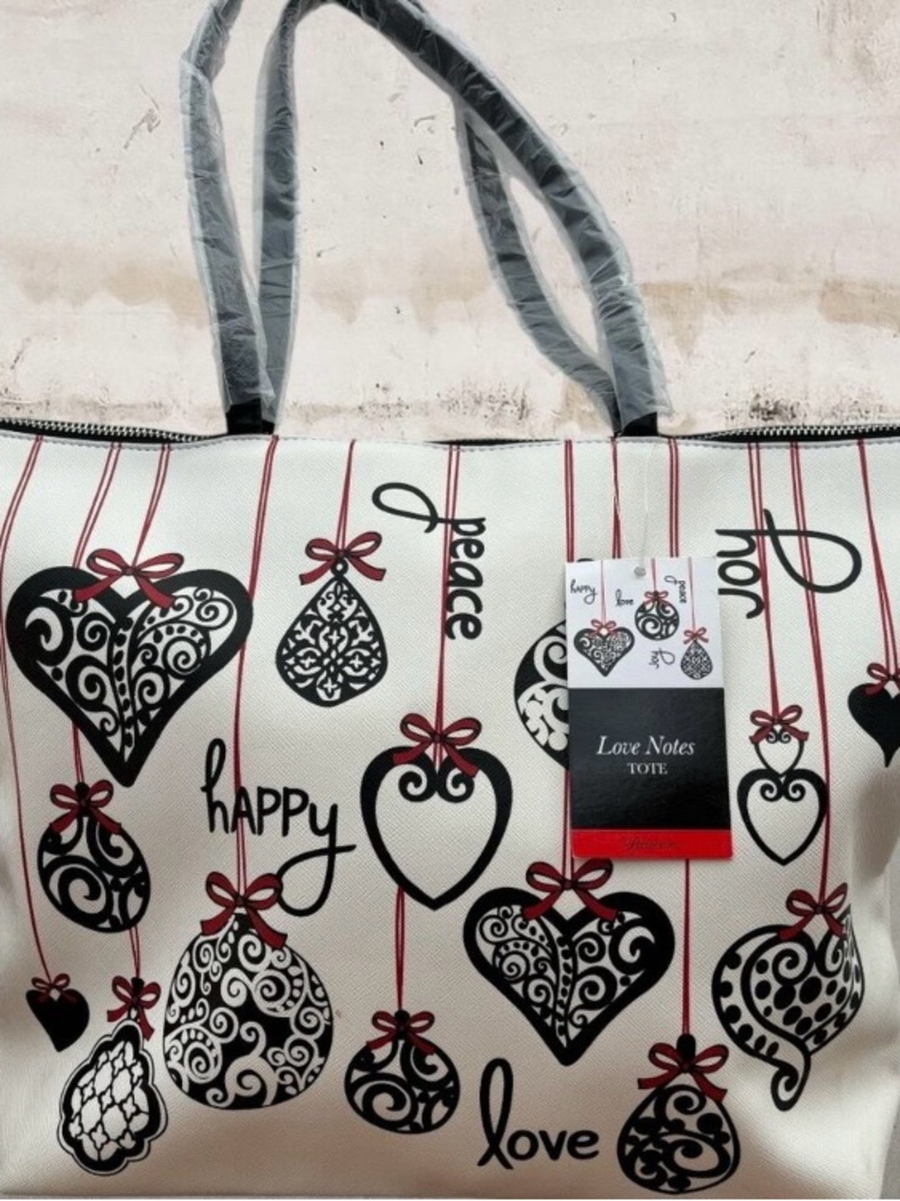 Brighton White Tote Bag with Black Heart Ornament Print NWT
